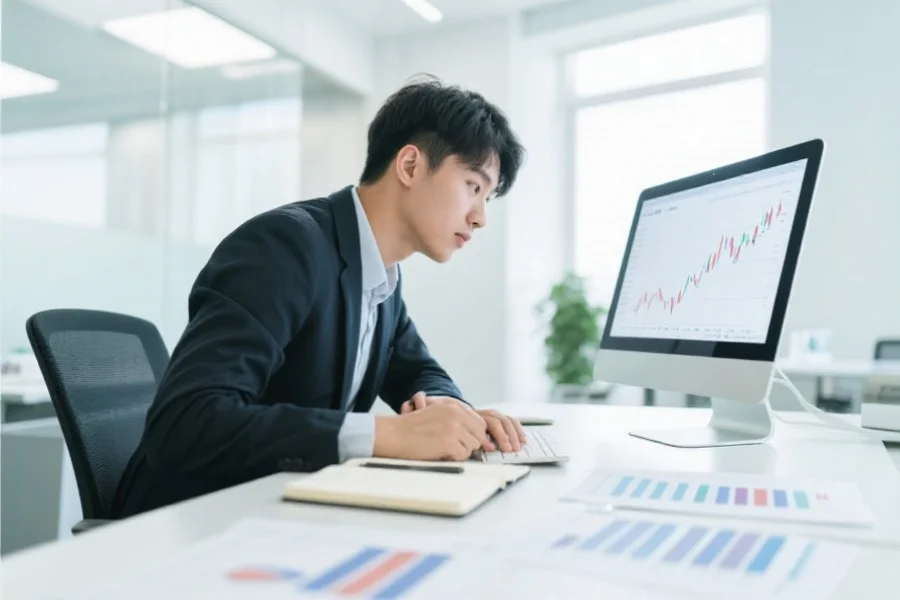 一位亚洲青年正在电脑前认真分析走势图，桌面上有笔记本和统计图表，环境明亮、现代，氛围专注