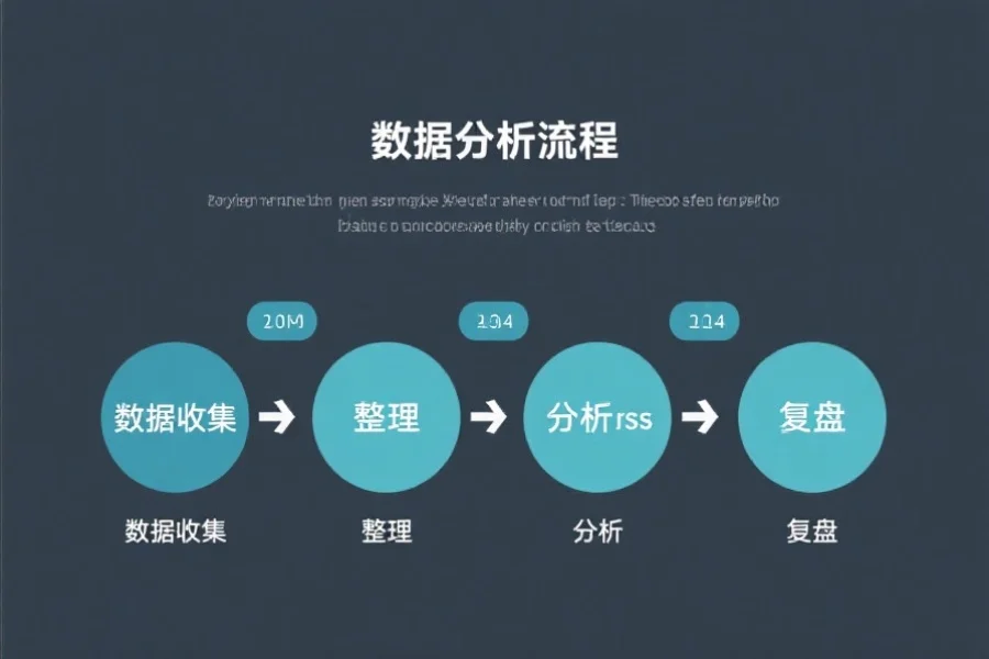 一张展示数据分析流程的简洁信息图表，包含数据收集、整理、分析与复盘四大步骤，风格专业简约