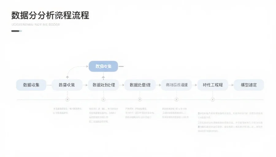 一张展示数据分析流程的流程图，包含数据收集、数据预处理、特征工程和模型建立等步骤，风格简约清晰