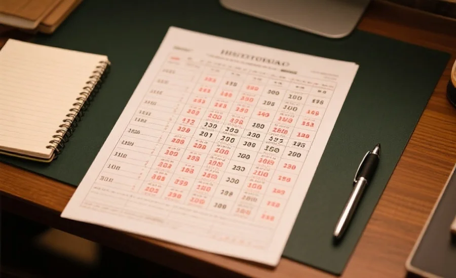 一份带有多个历史开奖数字和日期的表格，桌面上还有笔记本和笔，表现数据整理氛围